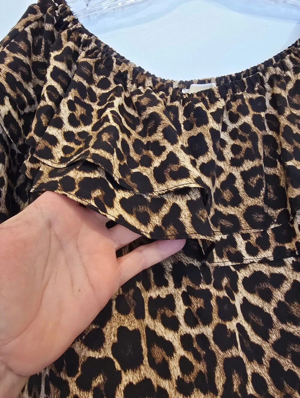 Michael Kors Leopard Print Off-Shoulder Women's Peasant Top - Brown